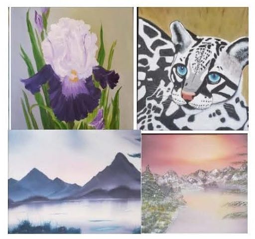 Four photos of a flower, a cat, some mountains and a lake.